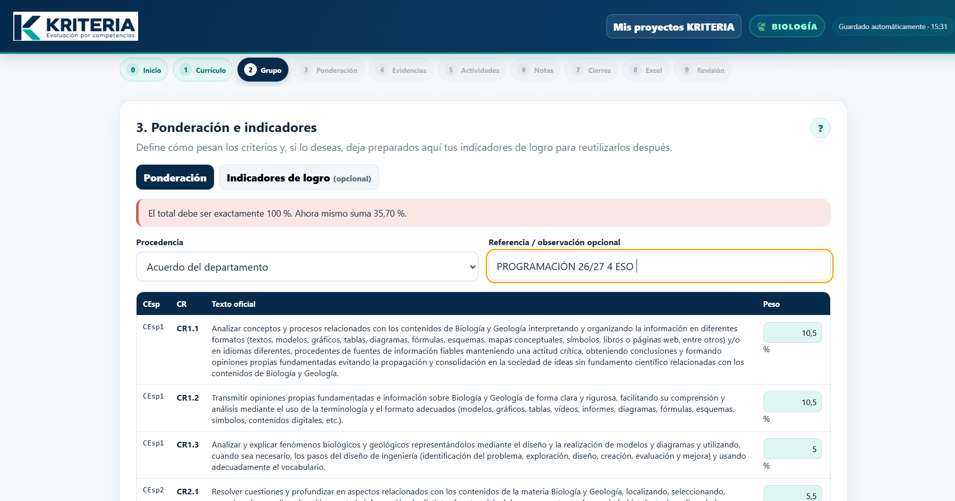 Pantalla del evaluador: Define tus criterios y sus pesos